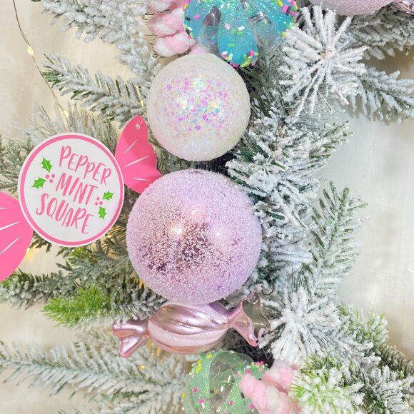 Peppermint Square Pastel Candy Frosted Pine 24" Holiday Christmas Wreath Rare - Picture 15 of 16